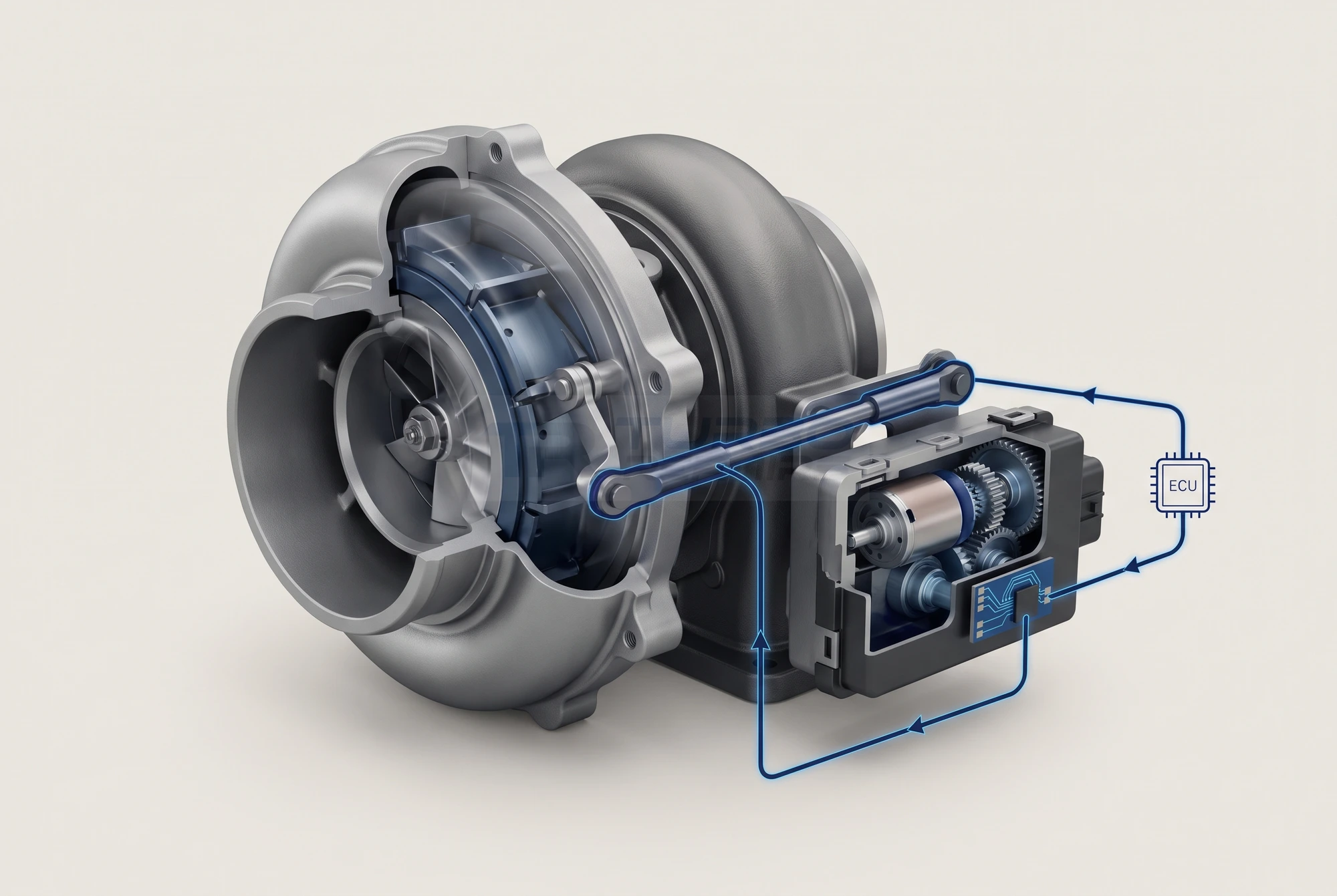 Cutaway diagram of a Ford Transit VGT turbocharger showing the electronic actuator, motor, gears and position-sensor feedback loop to the ECU