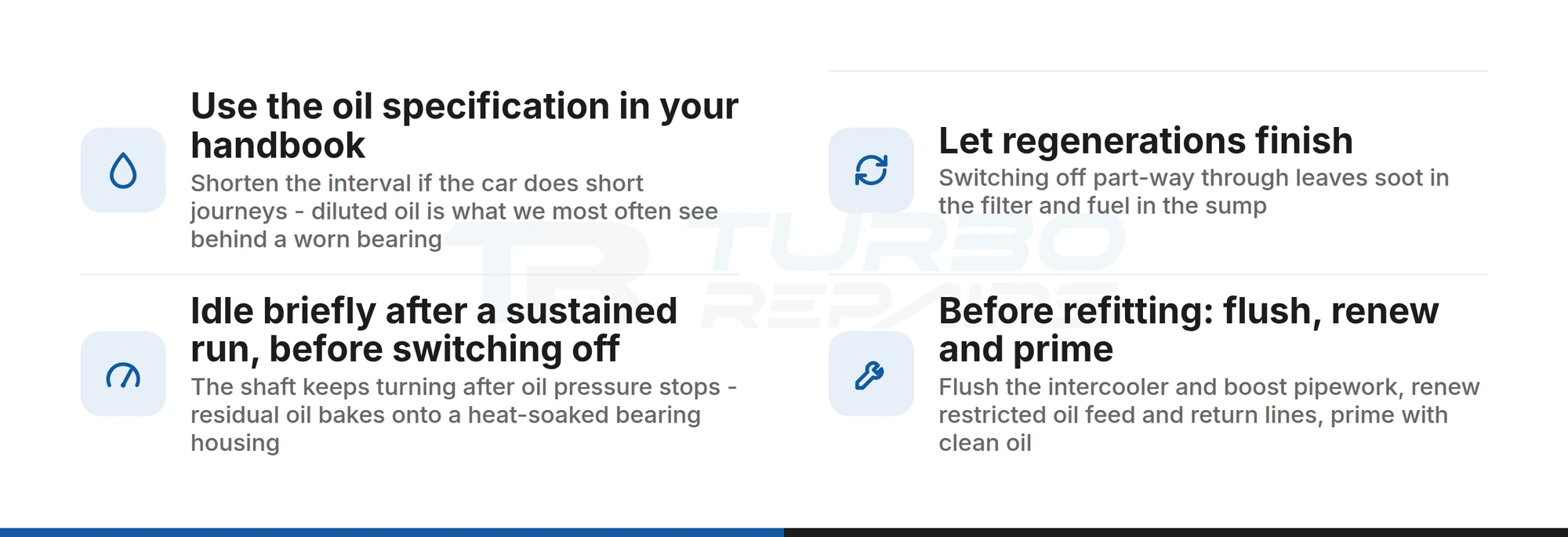 Checklist for making a rebuilt Audi A4 TDI turbocharger last - correct oil specification, letting regenerations finish, idling after a run, and priming before refitting