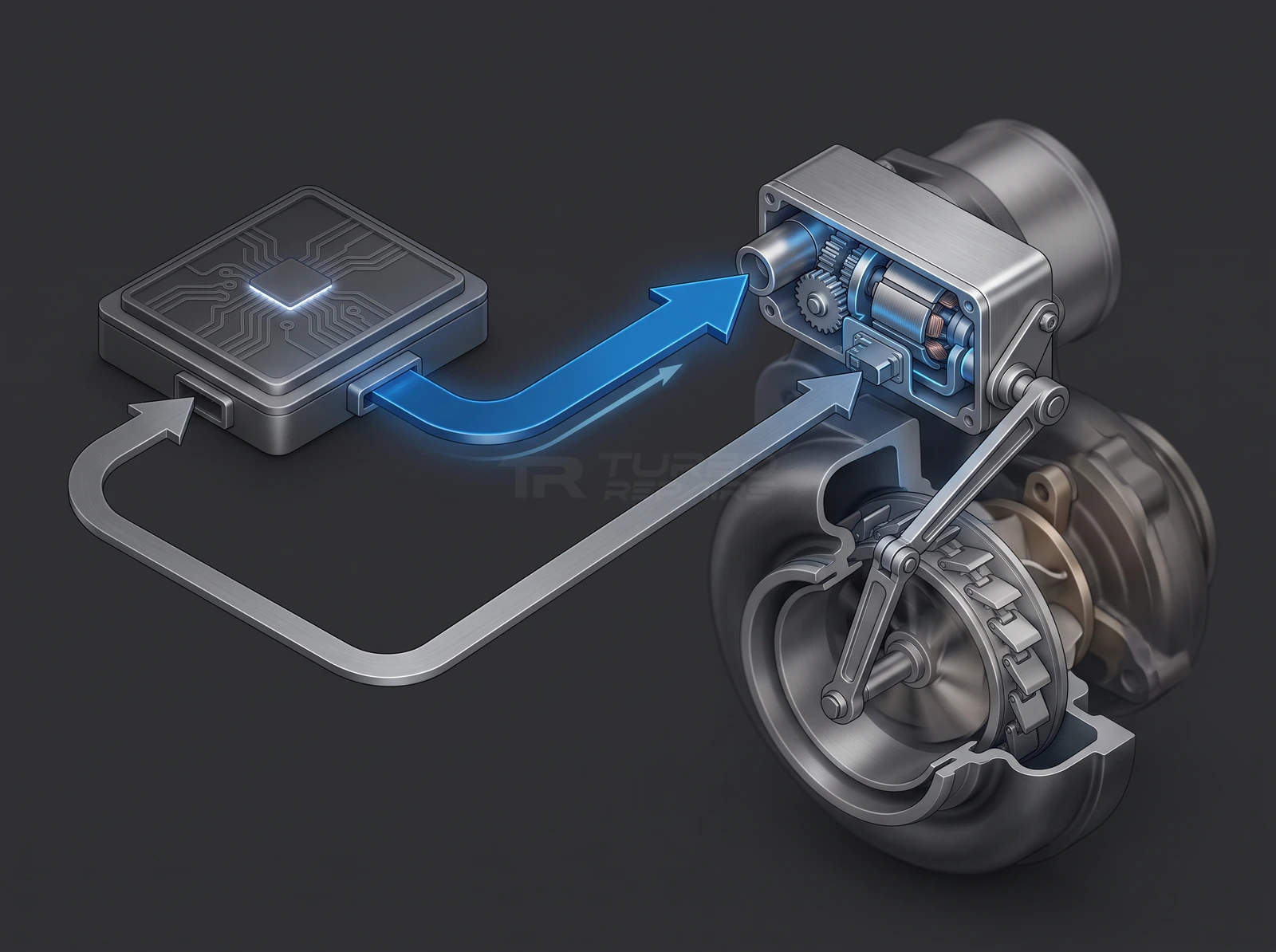 The electronic turbo actuator control loop on a BMW 3 Series: the engine control unit commands a vane position, the actuator motor and gear train drive the linkage, and the position sensor reports the actual position back