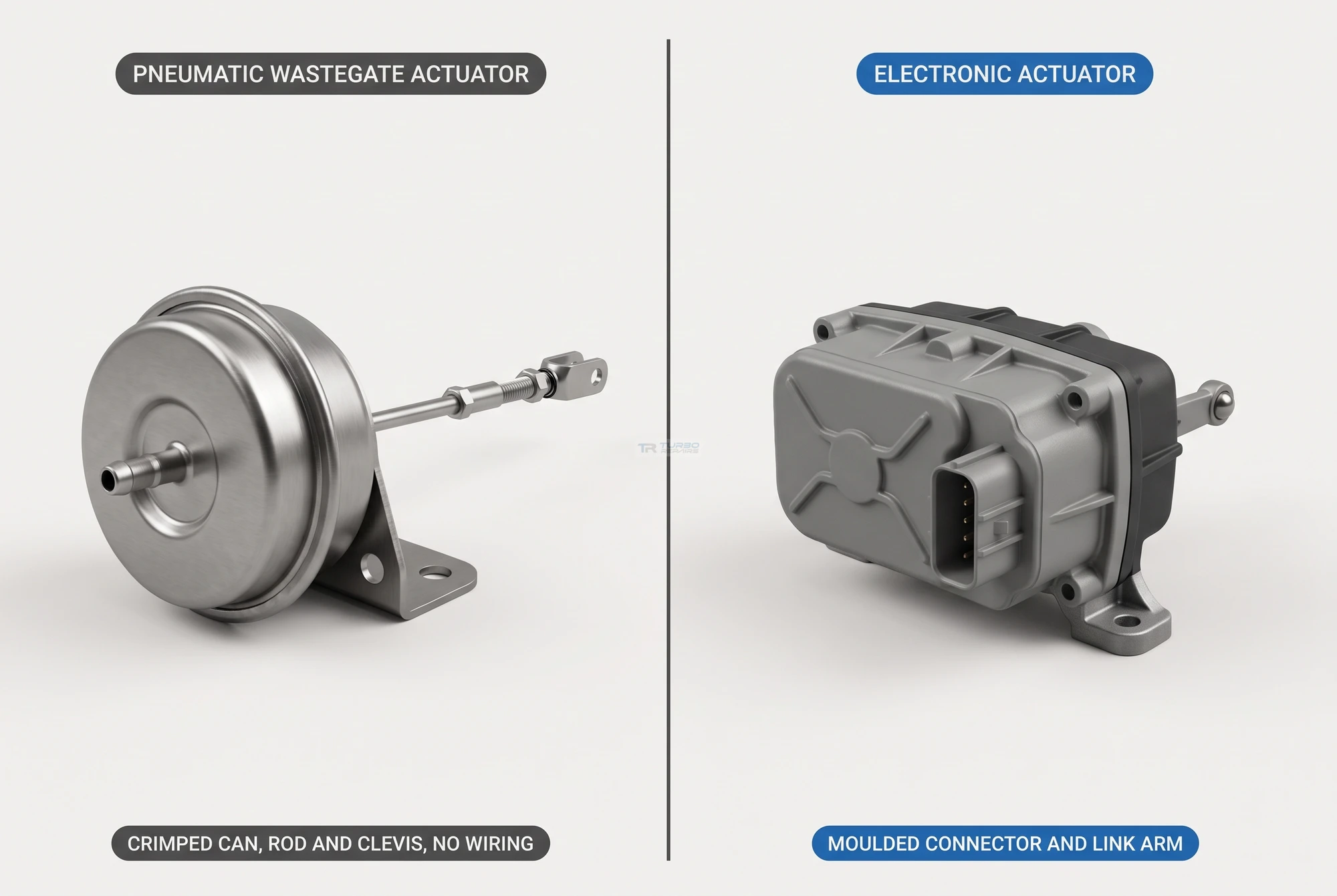 Side-by-side comparison of a pneumatic wastegate actuator can with a rod and clevis and no wiring, against an electronic actuator with a moulded multi-pin connector and a link arm, both at the same scale