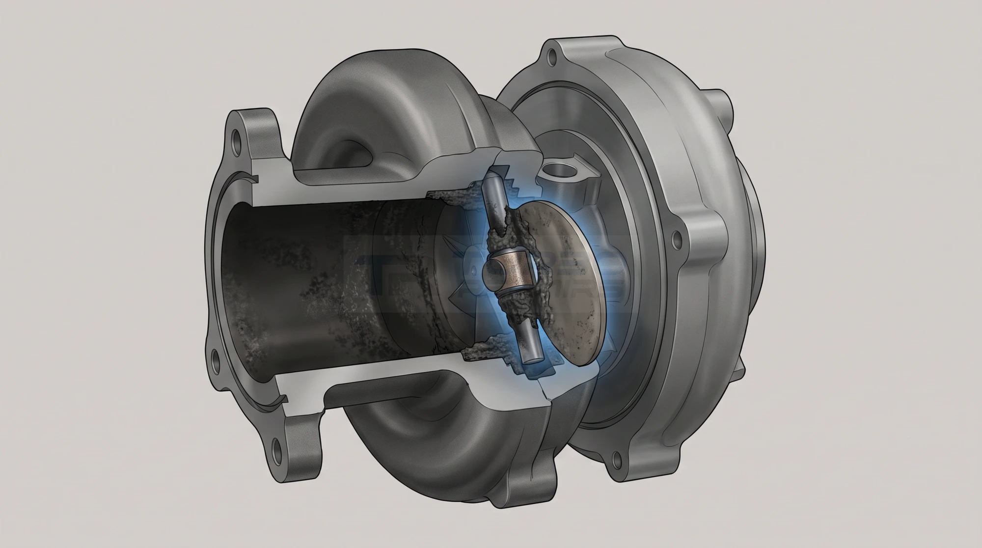 Cutaway illustration of a turbine housing showing a wastegate flap seized on its shaft by carbon build-up, the fault most often blamed on the actuator