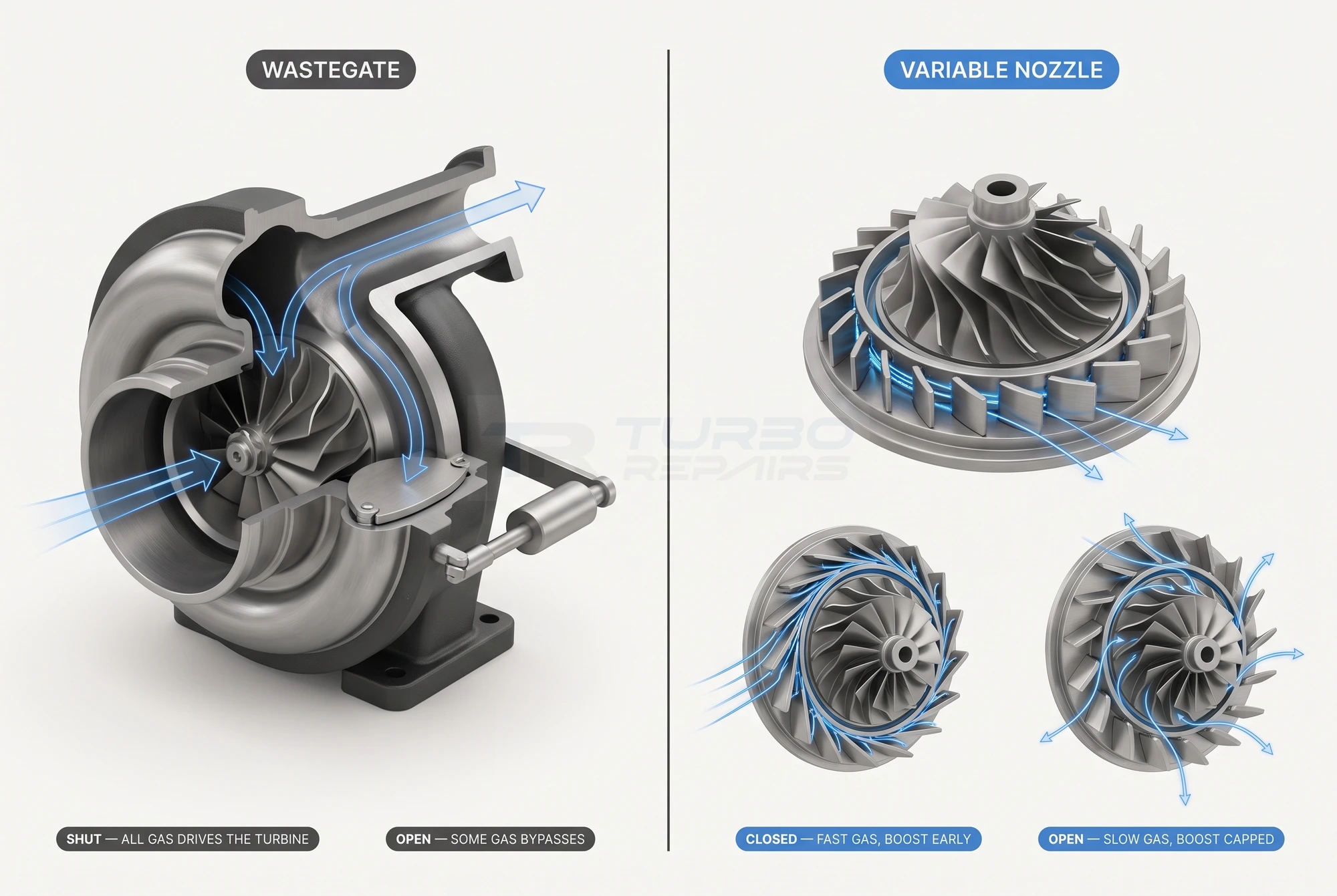 Wastegate and variable nozzle turbine compared, showing how each controls exhaust gas reaching the turbine wheel