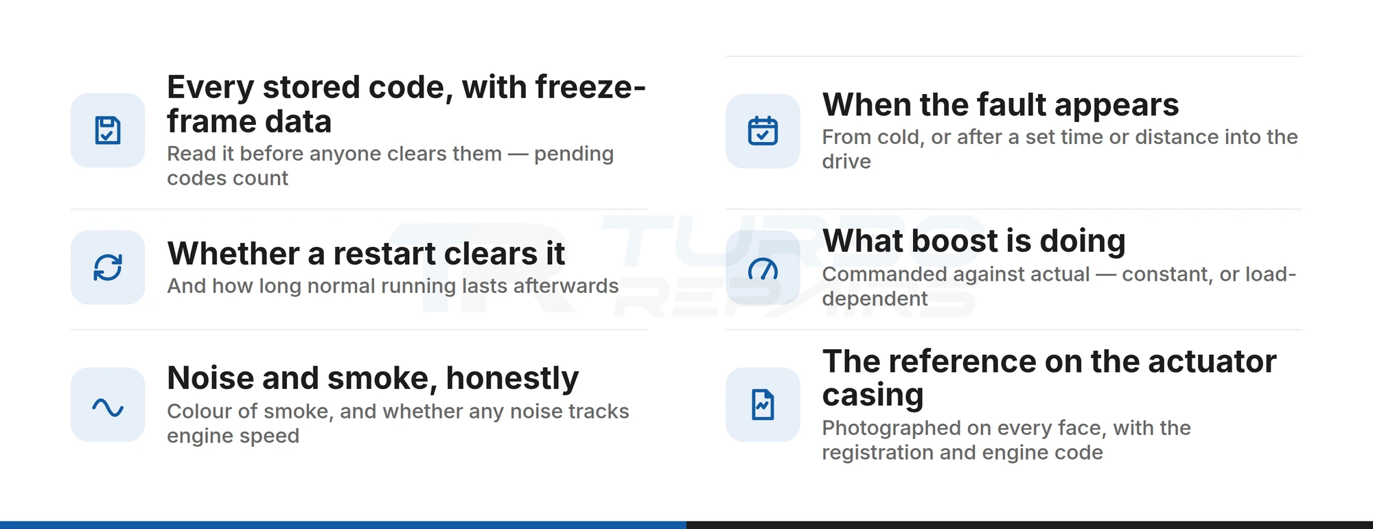 Checklist of what to record before booking a turbo actuator repair: stored codes and freeze-frame data, when the fault appears, whether a restart clears it, live boost data, noise and smoke, and the reference on the actuator casing