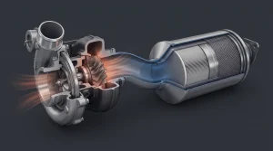 Cutaway illustration of a turbocharger feeding into a diesel particulate filter along the exhaust line, showing rising heat at the turbine