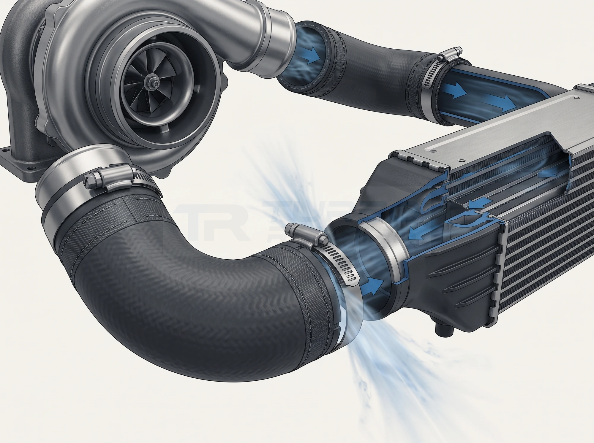 Boost leak at a charge-air hose joint between the turbocharger and the intercooler