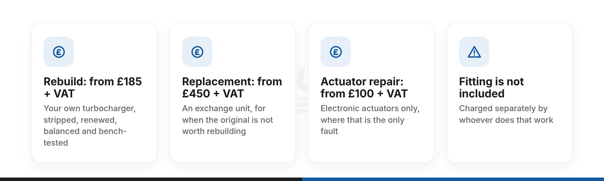 Ford 2.0 TDCi turbo prices: rebuild from 185 pounds plus VAT, replacement from 450 pounds plus VAT, electronic actuator repair from 100 pounds plus VAT, fitting not included