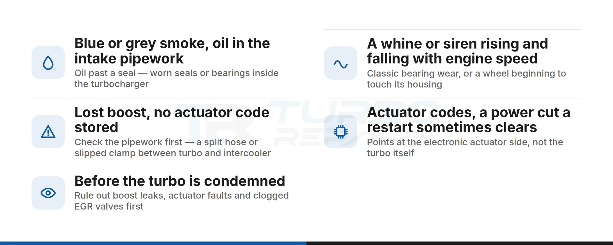 Checklist of turbo failure symptoms on the Freelander 2, Evoque and Discovery Sport 2.2 diesel and what each one points to