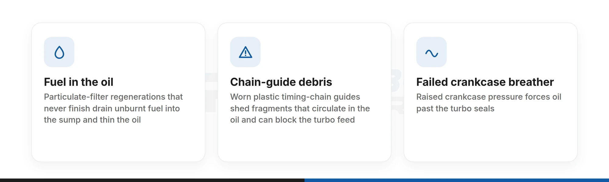 Three engine faults that take out an Ingenium turbo: fuel in the oil, timing-chain guide debris and a failed crankcase breather
