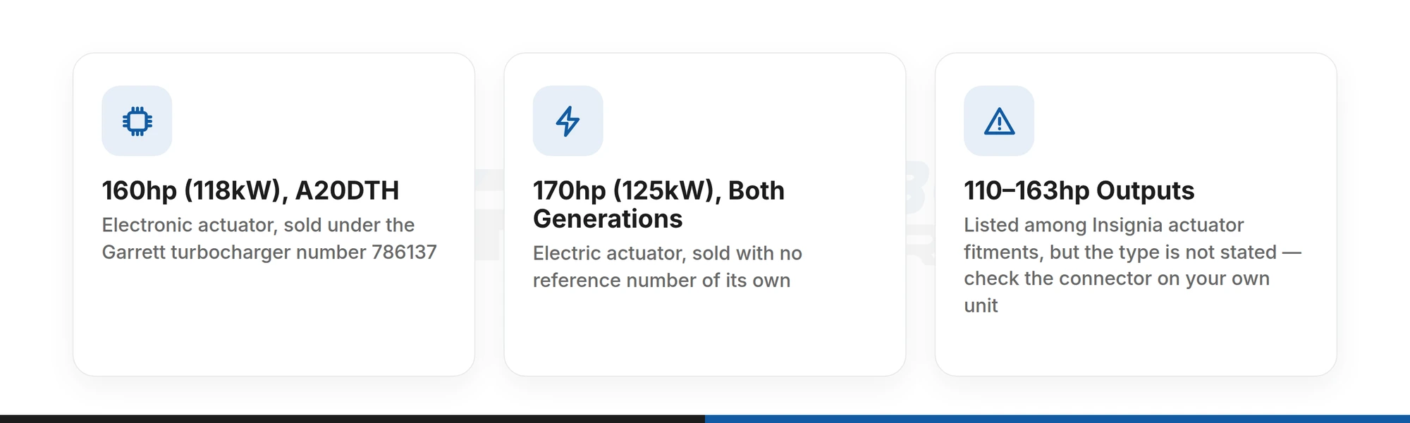 Vauxhall Insignia 2.0 CDTI outputs that use an electronic turbo actuator: 160hp under turbocharger number 786137, 170hp with no reference number, other outputs unstated