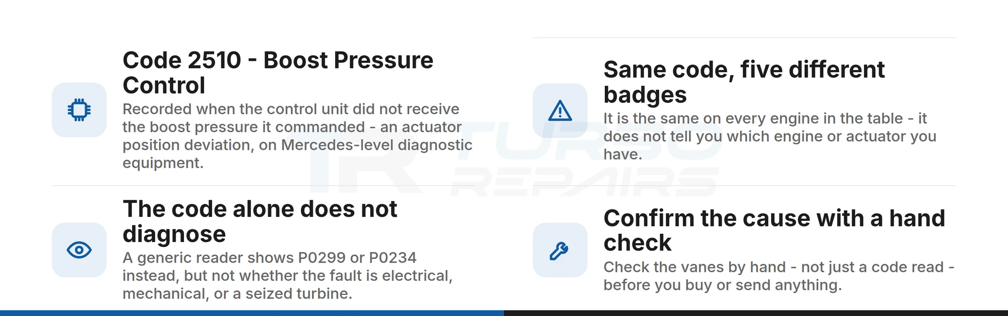 What a generic fault code reader shows on a Mercedes E-Class: code 2510 Boost Pressure Control records an actuator position deviation, is the same on every engine in the badge table, and does not diagnose the cause without a hand check on the vanes