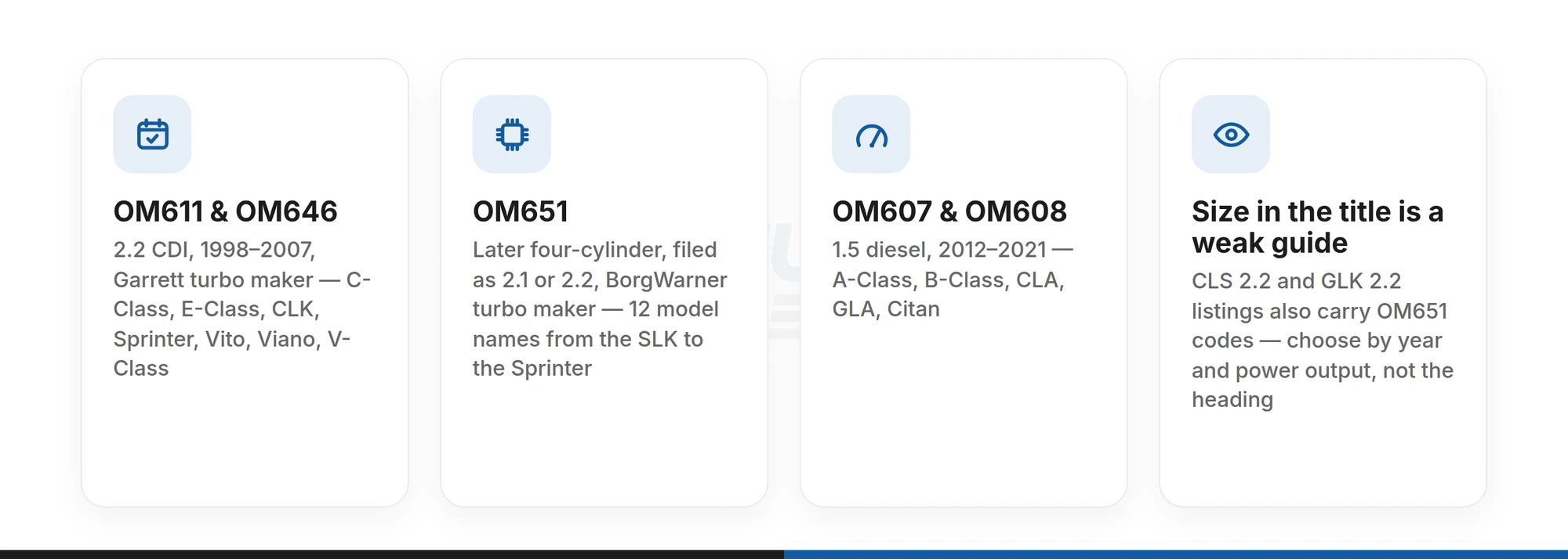 The three Mercedes four-cylinder CDI engine families — OM611/OM646, OM651 and OM607/OM608 — and the models each is fitted to