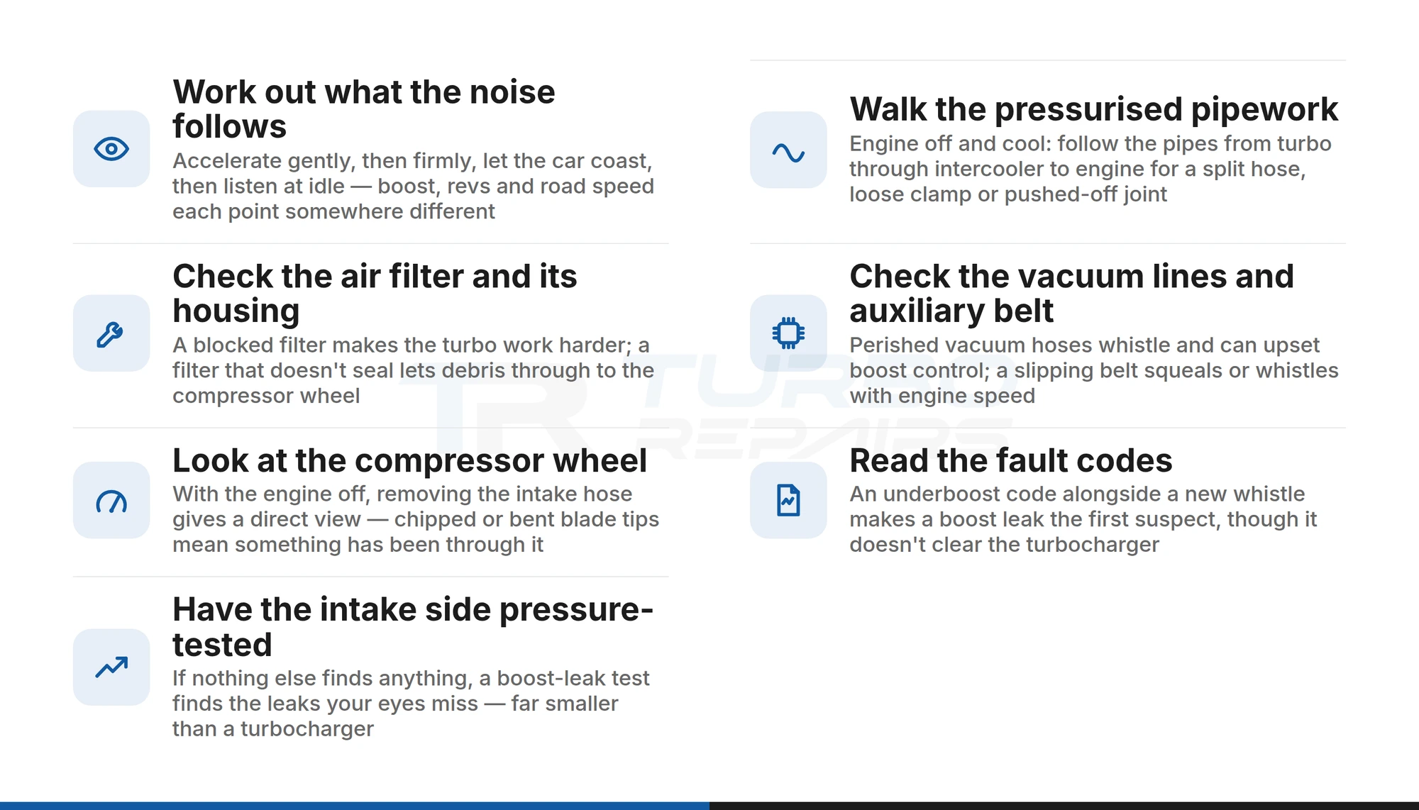 Seven checks to do before condemning a whistling turbocharger