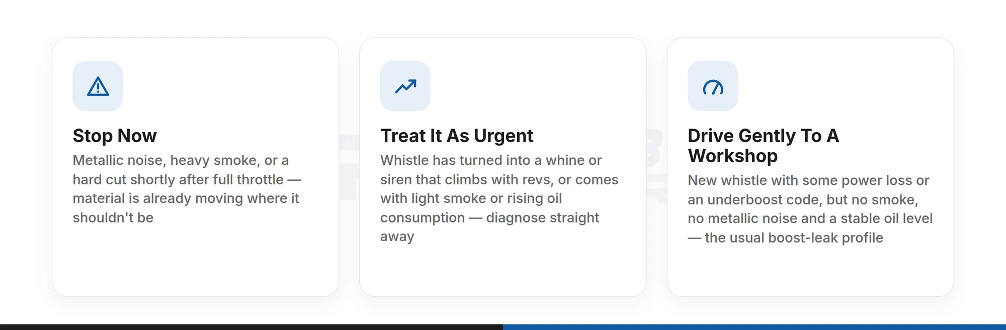 When to stop driving on a turbo whistle: stop now, treat as urgent, or drive gently to a workshop