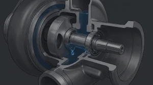 Cutaway illustration of a turbocharger shaft floating in its journal bearings on a thin film of oil inside the centre housing