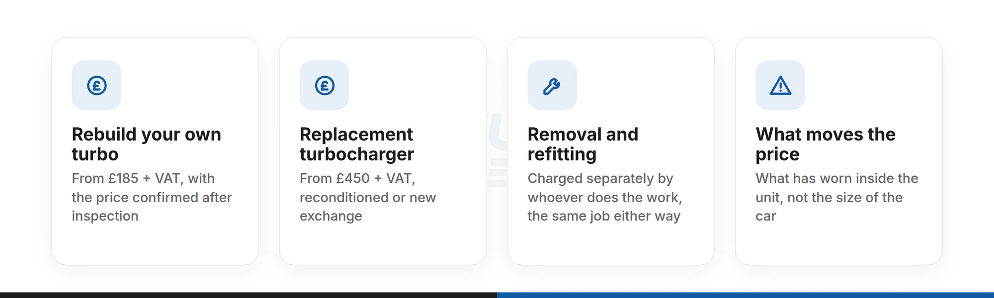 Starting prices: rebuild from 185 pounds plus VAT, replacement turbocharger from 450 pounds plus VAT, removal and refitting charged separately