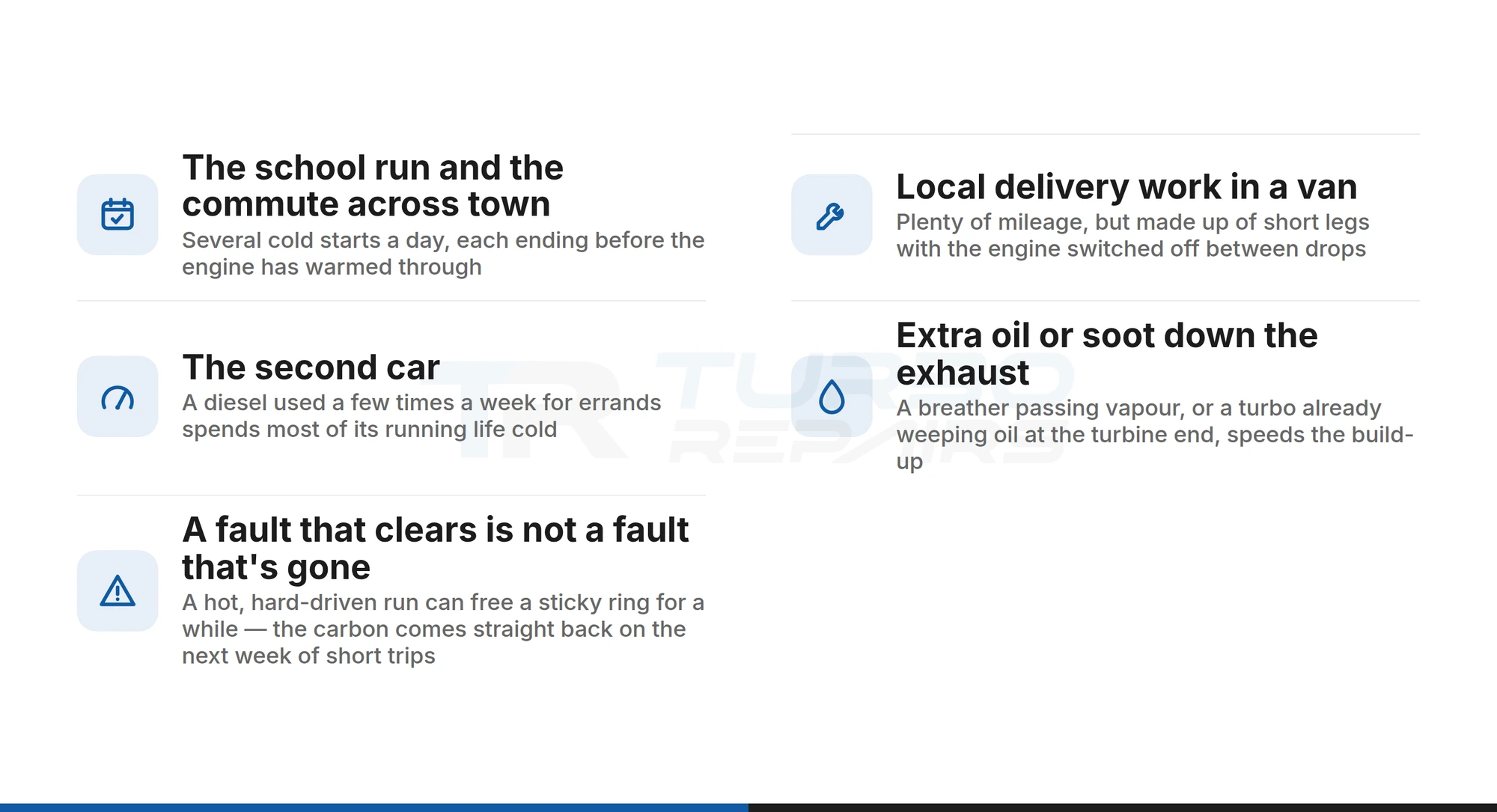 Checklist of short-journey driving patterns that coke up VNT turbo vanes, including the school run, delivery work and a car used a few times a week