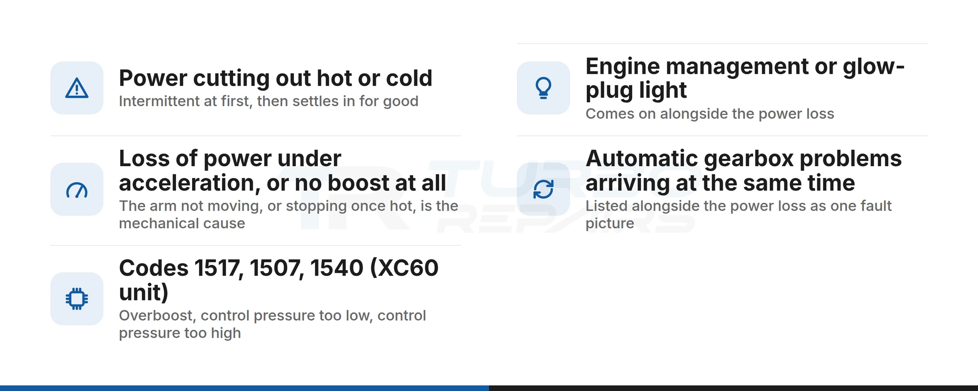 Checklist of Volvo D5 turbo actuator fault symptoms and codes 1517, 1507 and 1540