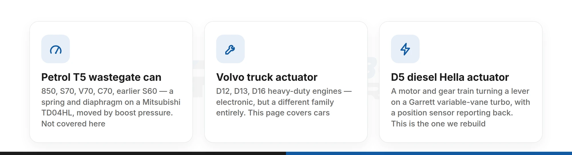 Three different parts sold as a Volvo turbo actuator: petrol T5 wastegate can, Volvo truck actuator, and the D5 diesel Hella electronic actuator