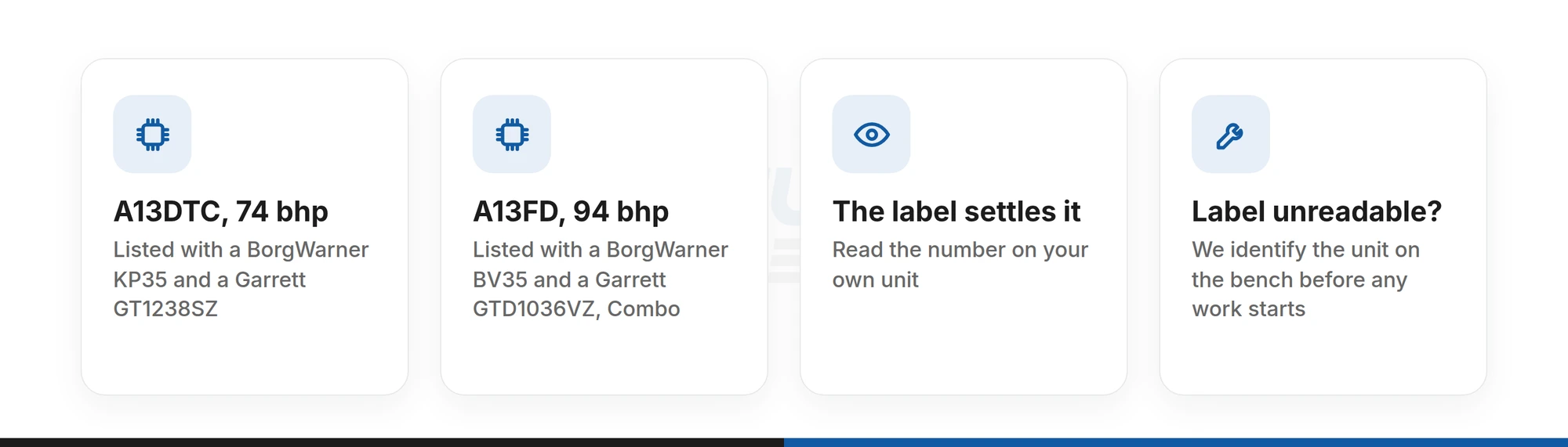Engine codes A13DTC and A13FD each listed with two turbo makers, so the label on the unit settles which you have