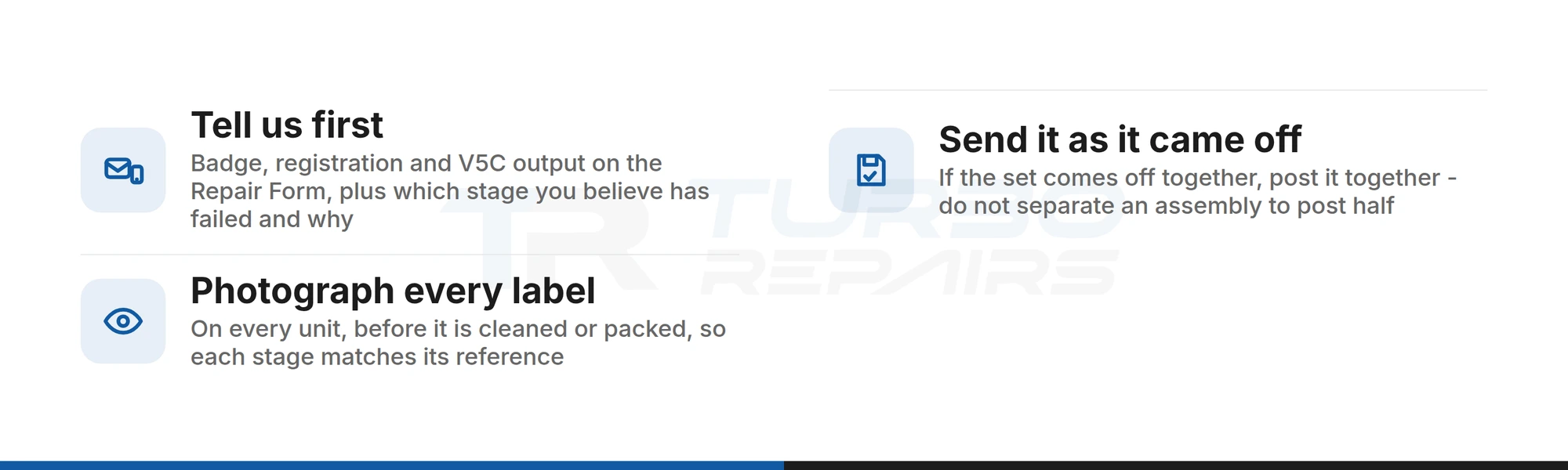 Checklist for what to send from a BMW 335d or 535d multi-turbo engine