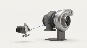 Illustration of an electronic turbo actuator unbolted and lifted clear of a turbocharger that stays in place
