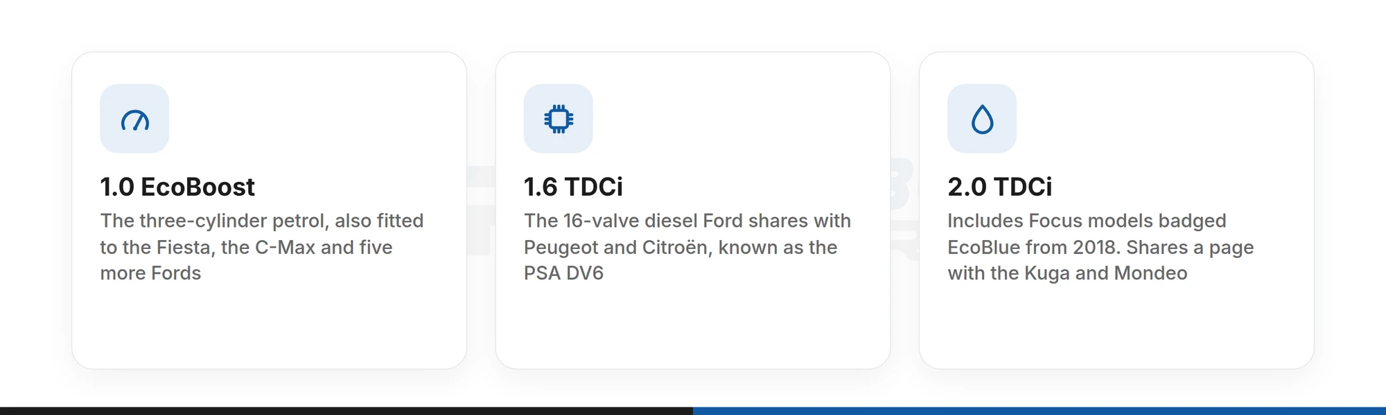 Three cards showing the Ford Focus 1.0 EcoBoost, 1.6 TDCi and 2.0 TDCi, each with its own turbo page