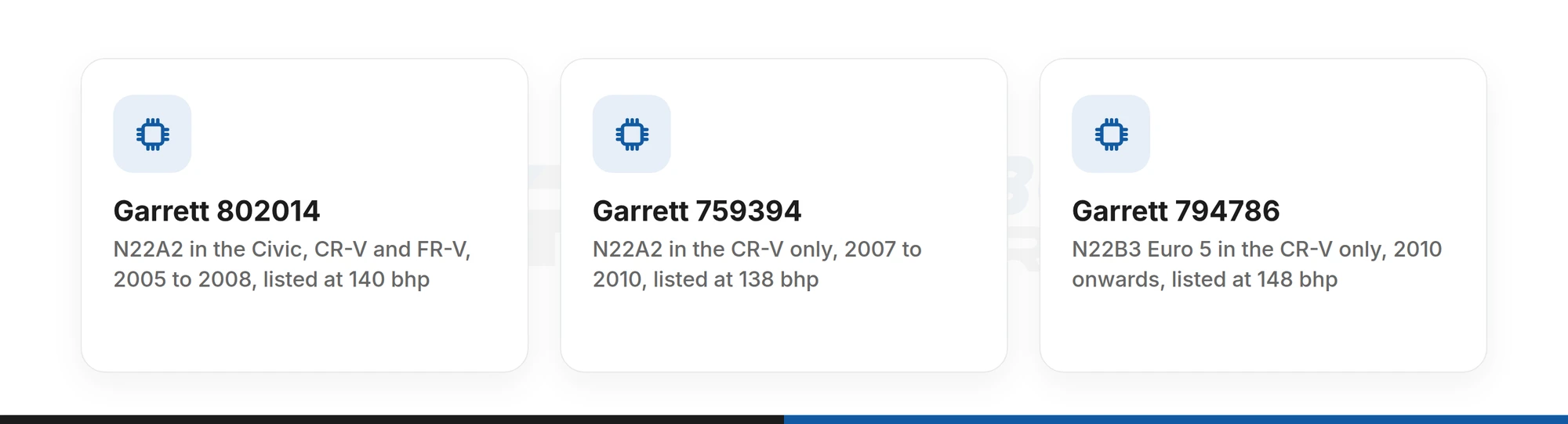 Three Garrett turbochargers listed for the Honda 2.2 diesel: 802014, 759394 and 794786, across engine codes N22A2 and N22B3