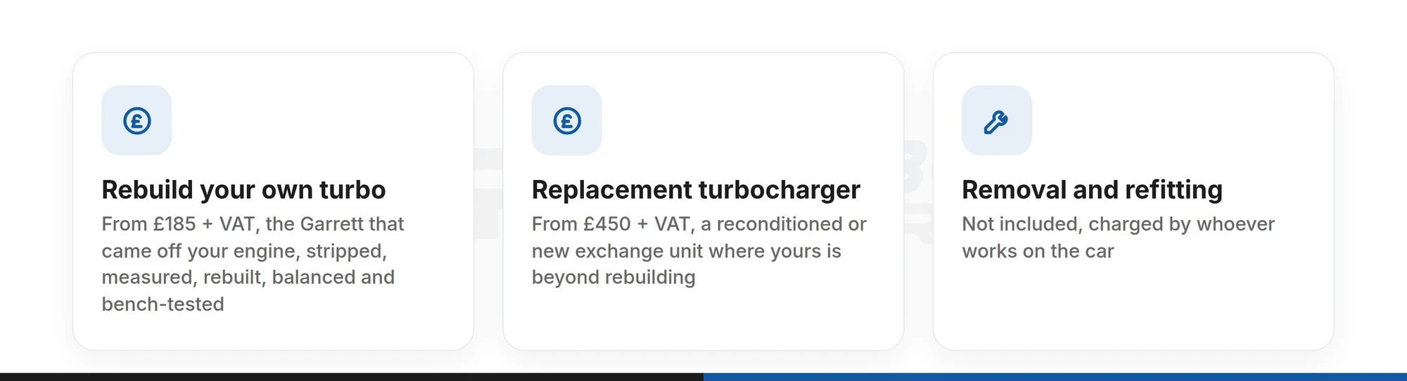 Honda 2.2 diesel turbo prices: rebuild from 185 pounds plus VAT, replacement from 450 pounds plus VAT, refitting not included