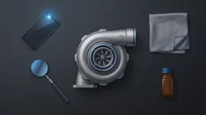Flat lay of a phone torch, inspection mirror, cleaning rag and degreaser bottle around a turbocharger illustration, the tools for reading a turbo label