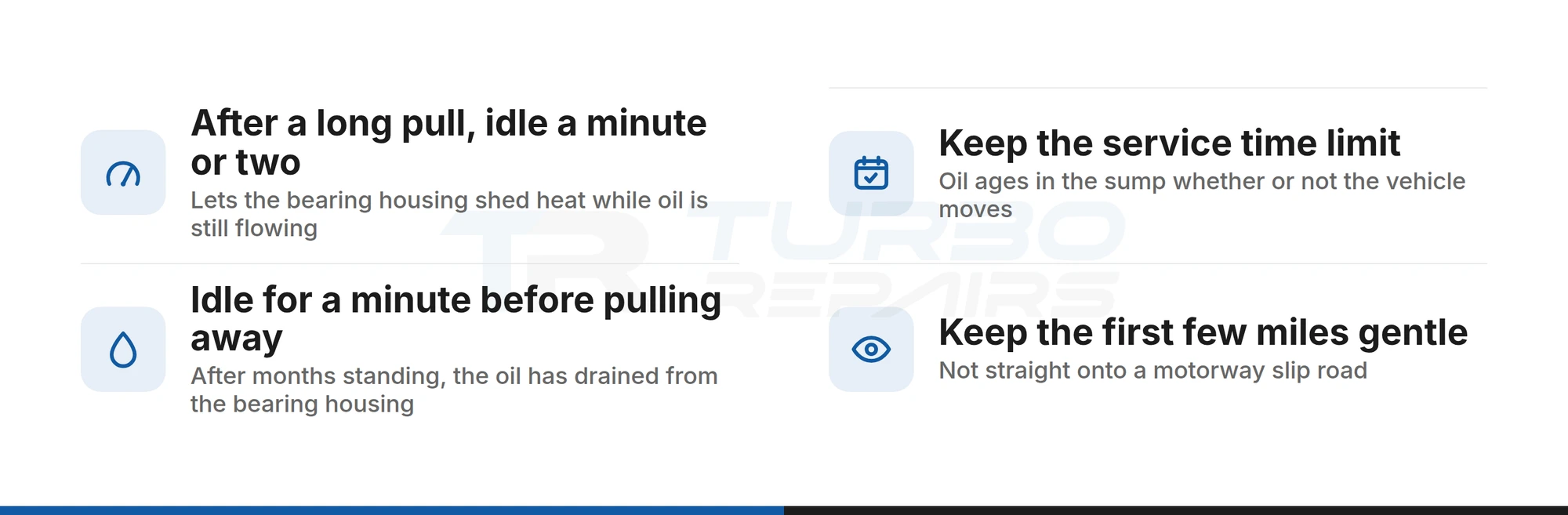 Checklist of turbocharger care habits for a motorhome on a Boxer, Relay or Ducato: idle after a long pull, keep the service time limit, idle before pulling away