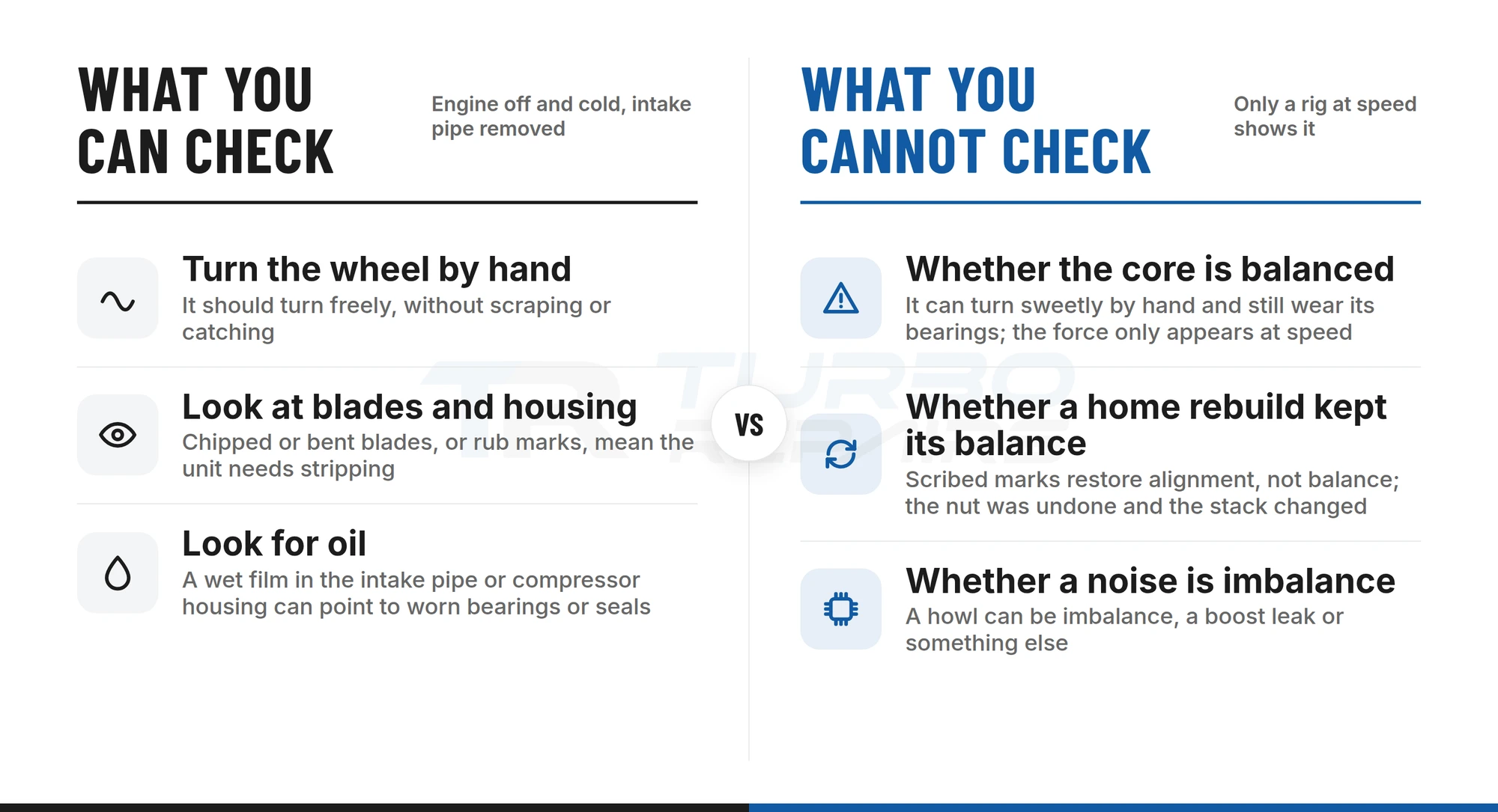 What an owner can check on a turbo by hand versus what only a balancing rig can show