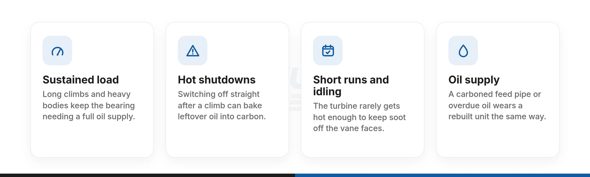 Four ways a working van wears its turbo: sustained load, hot shutdowns, short runs and idling, and the oil supply